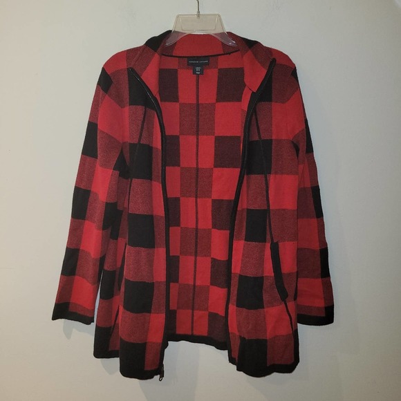 Adrienne Vittadini Red and Black Plaid Zippered Women's Cardigan Size XL - Picture 1 of 6